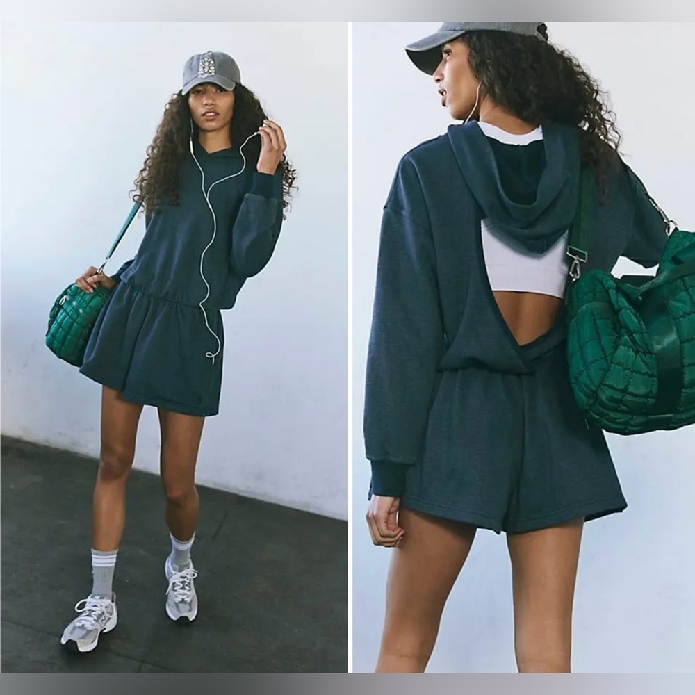 Free People Dark Teal Hoodie Romper with Open Back
